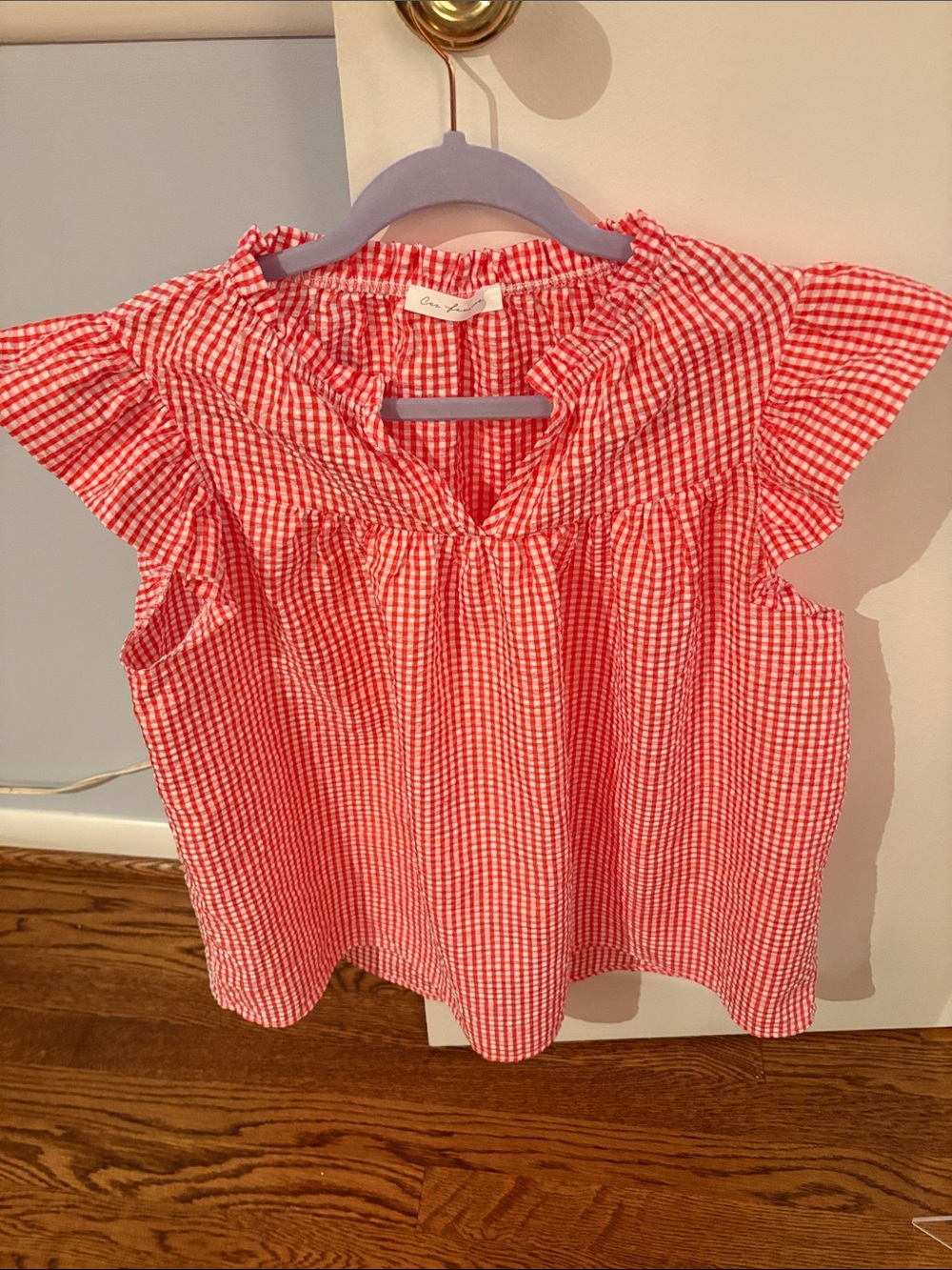 Ces Femme Red and White Gingham Ruffle Sleeve Blouse